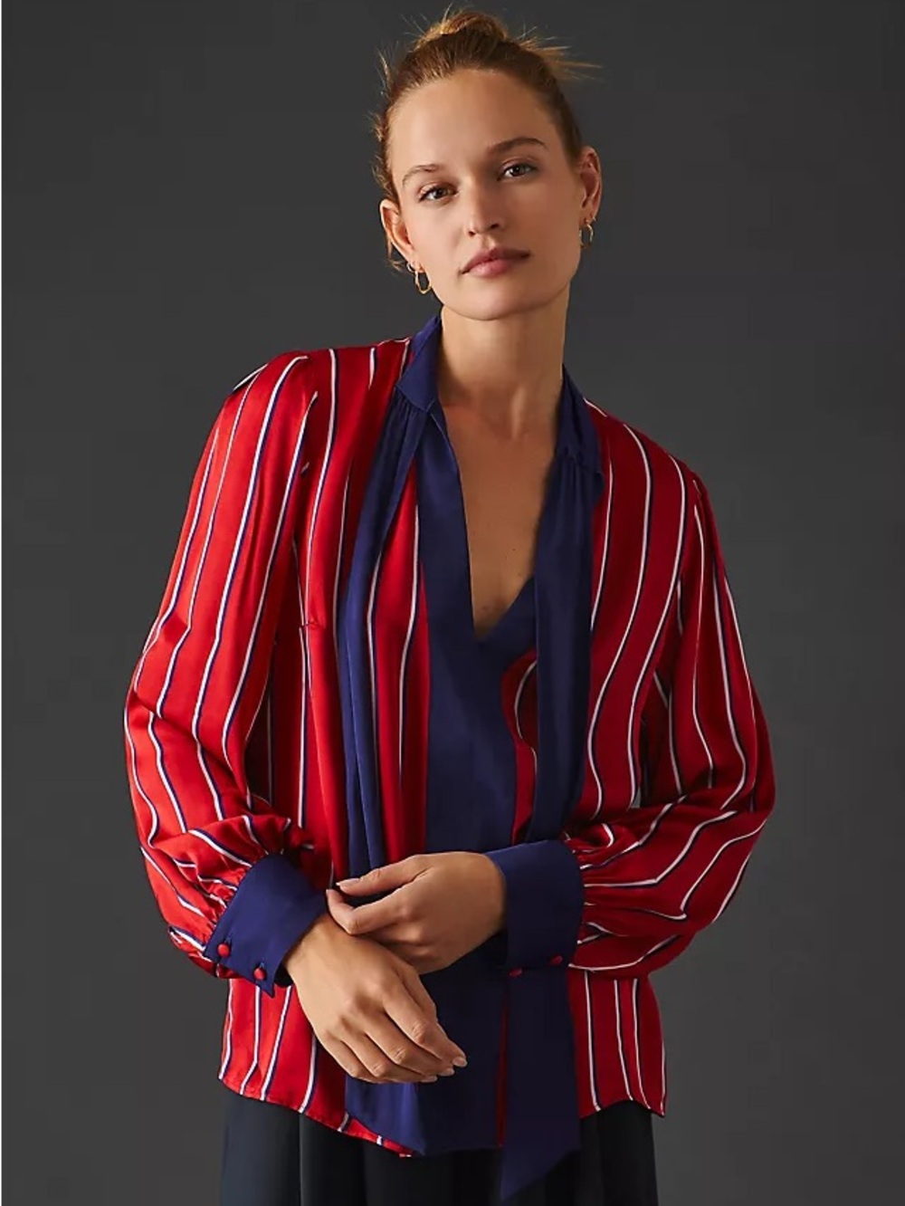 NWT Anthropologie Maeve Tie Front Button Down Long Sleeve - Red Navy Stripe